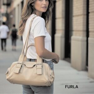 Furla authentic caramel latte pebbled leather Side Zip Pockets- Silver Buckles